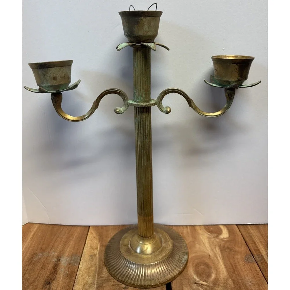 VTG 3 Arm Brass Candelabra Candle Holder Scroll Ribbed Large 15 3/4 high 13 Inch